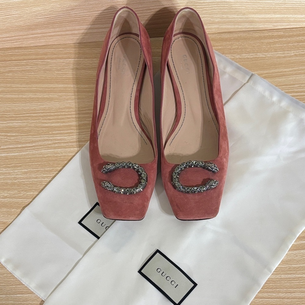 Gucci Pink Suede Jeweled Horsebit Square-Toe Flats